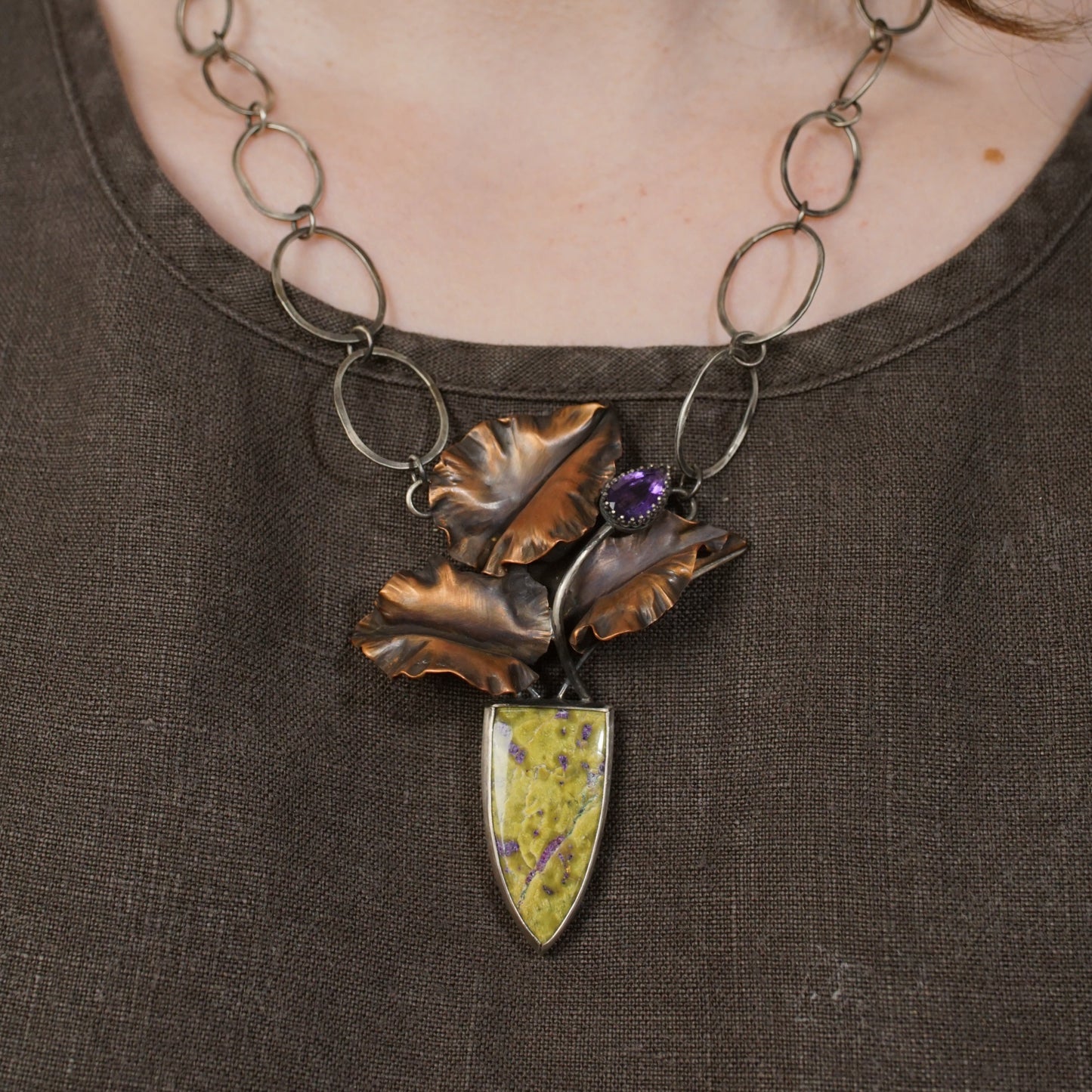 Serpentine Stichtite and Amethyst Necklace