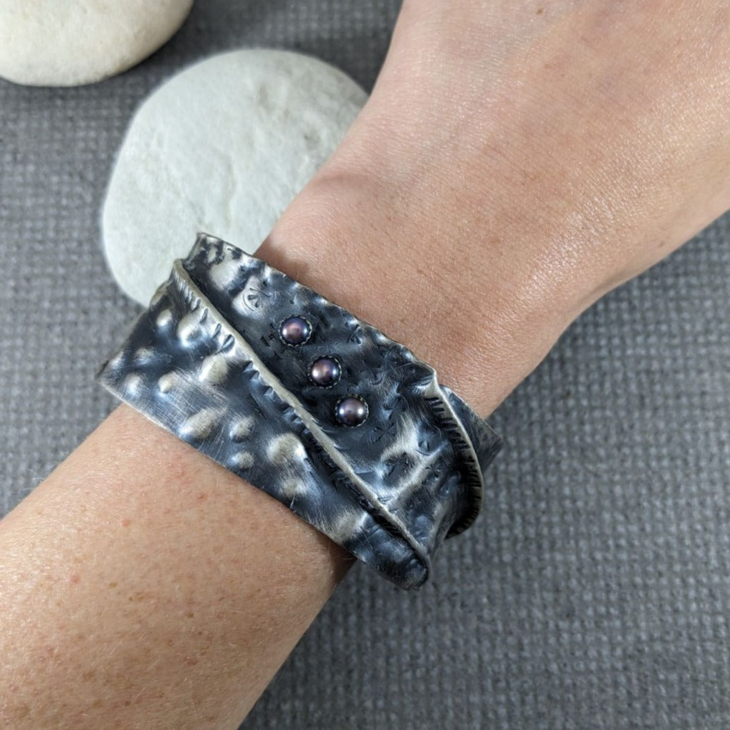 Fold Form Sterling Silver Cuff with Freshwater Pearls