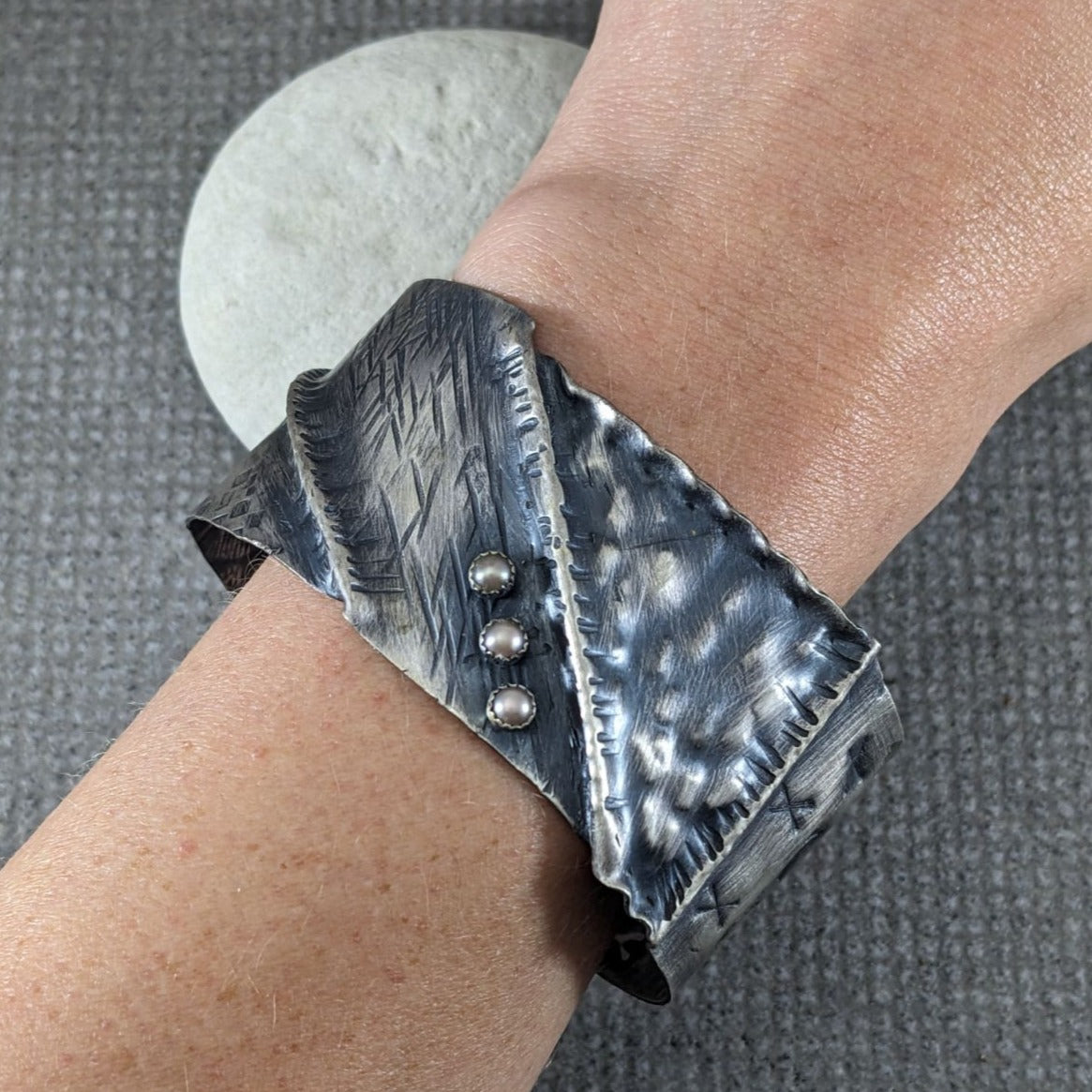 Fold Form Sterling Silver Cuff with Freshwater Pearls