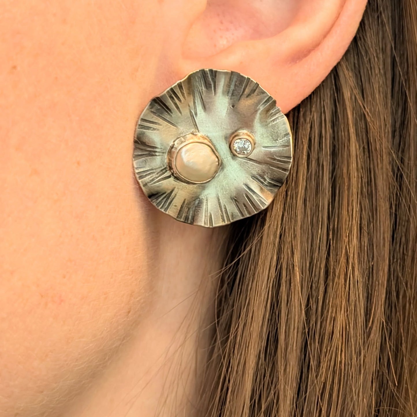 Cornflake Pearl and Cubic Zirconia Earrings