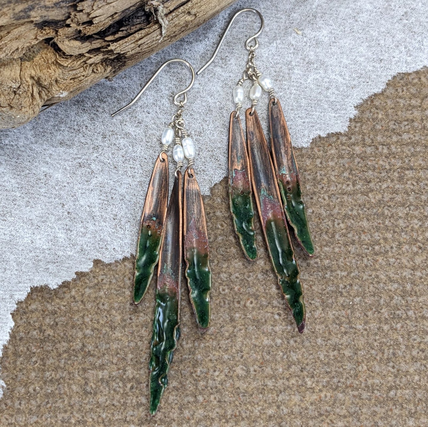 Enameled Copper with Freshwater Pearl Earrings