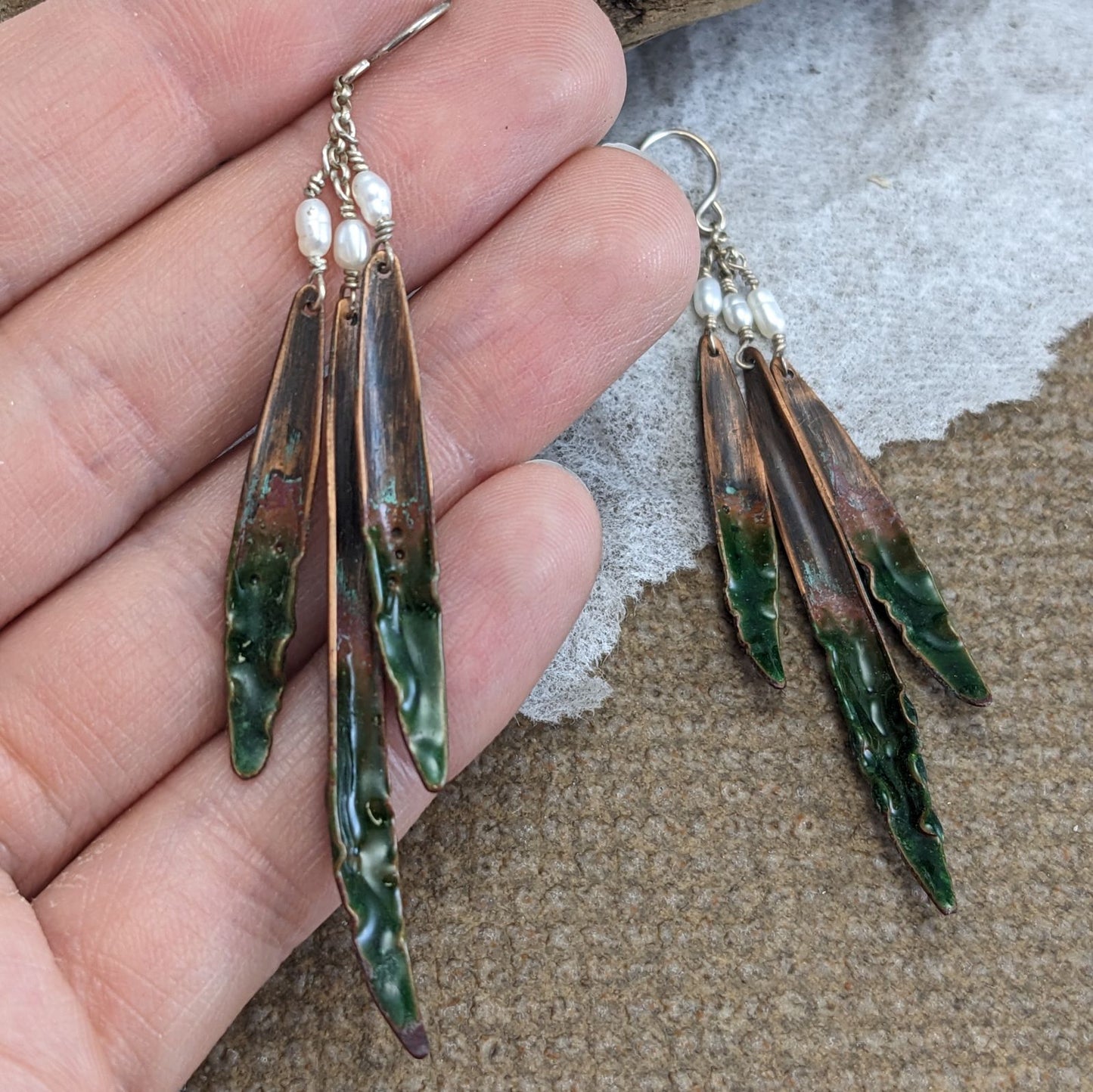 Enameled Copper with Freshwater Pearl Earrings