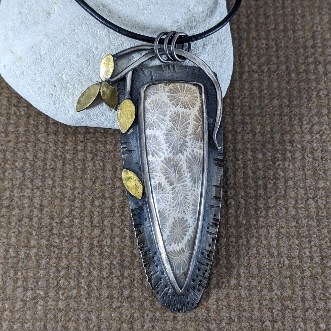 Fossilized Coral with Brass Leaves Pendant