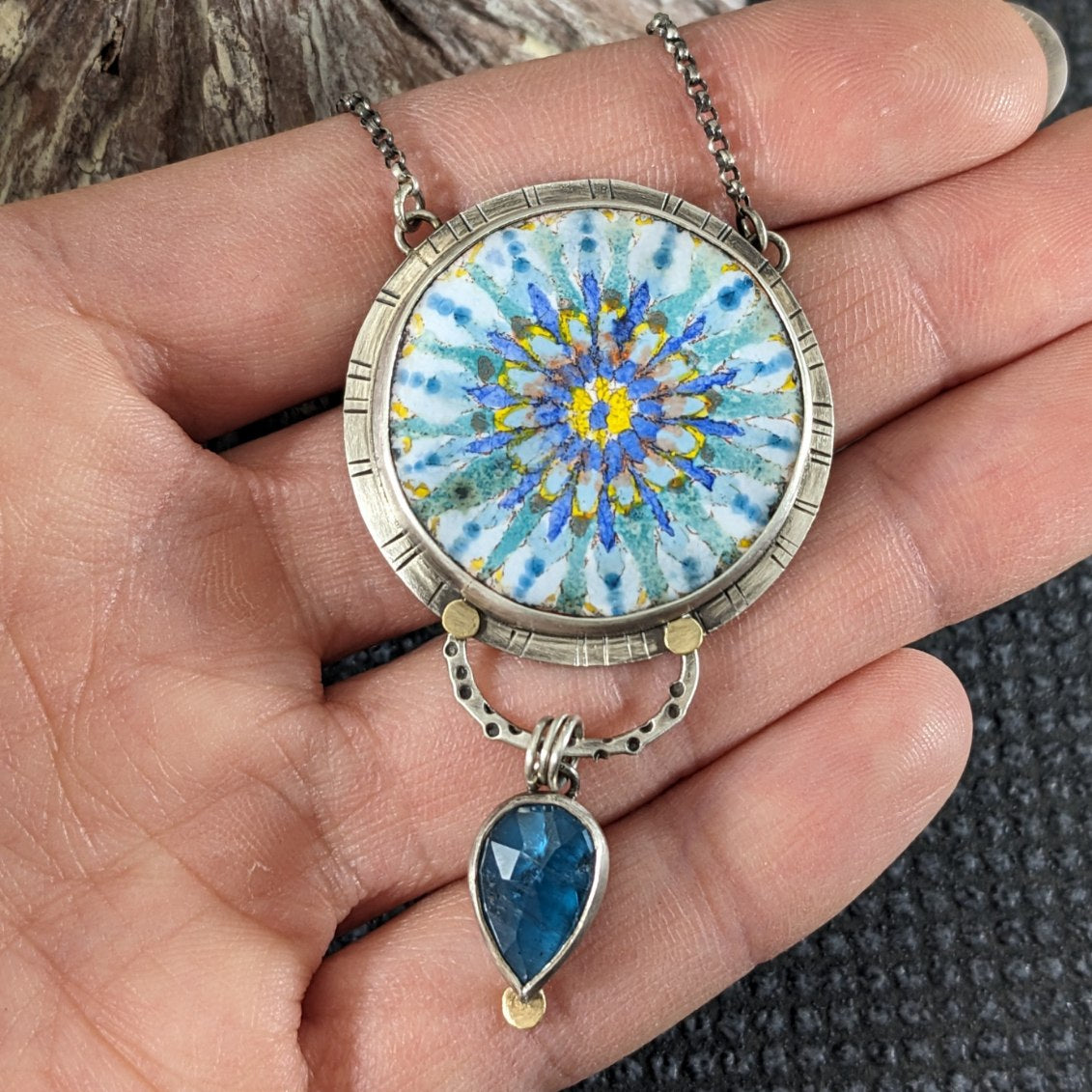 Enamel Mandala and Teal Kyanite with 18k Gold