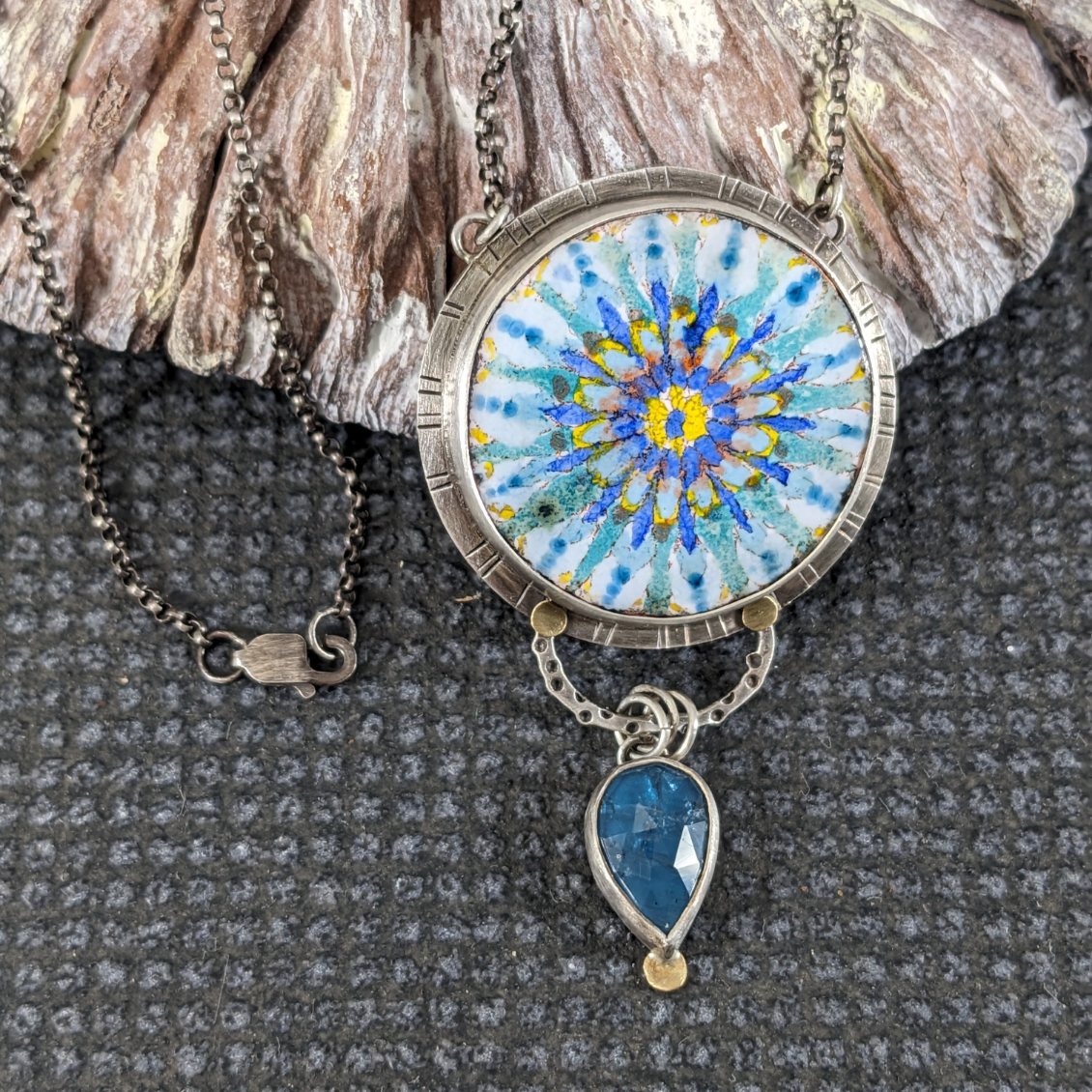 Enamel Mandala and Teal Kyanite with 18k Gold