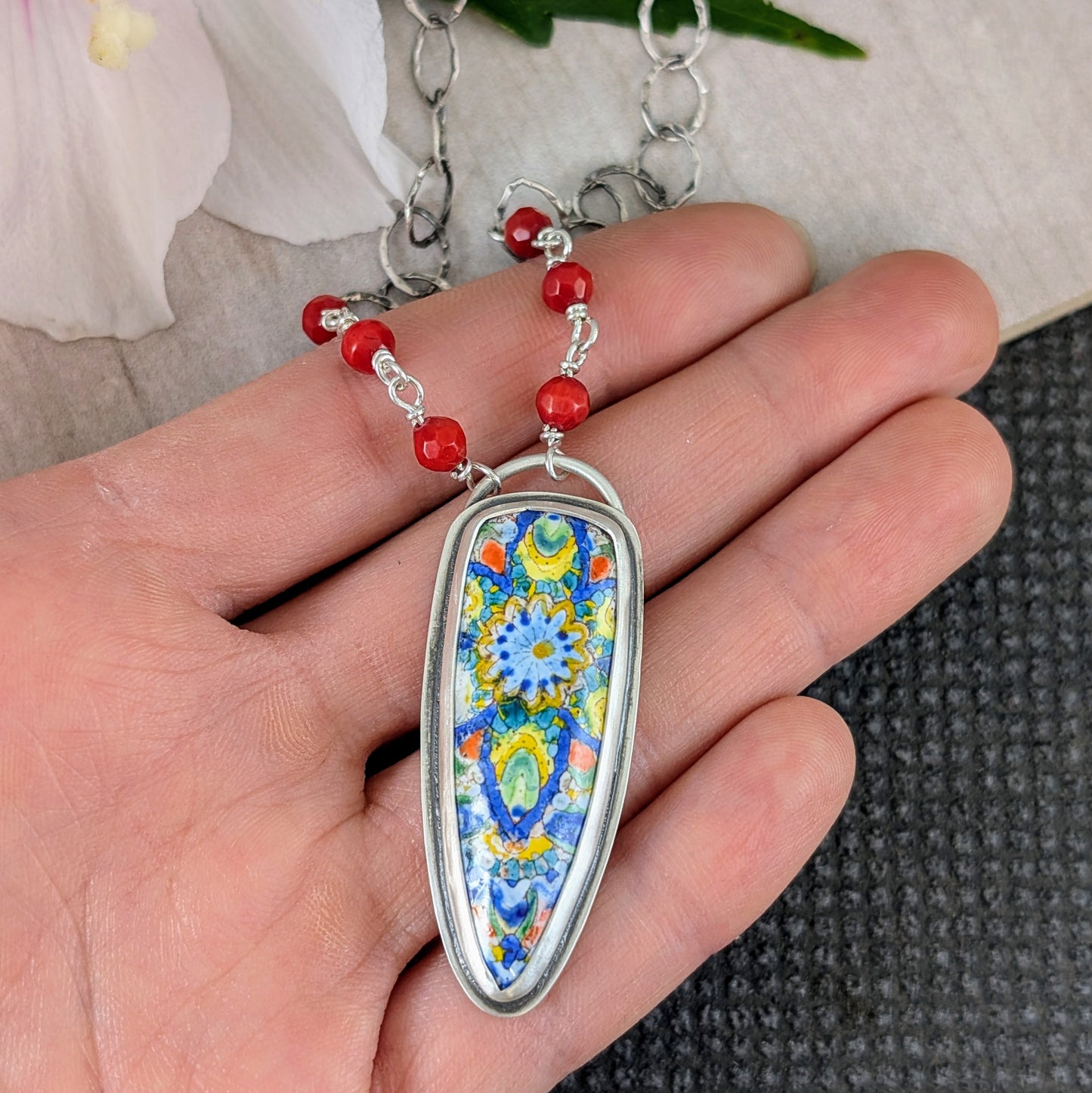 Enamel Mandala with Faceted Coral Beads
