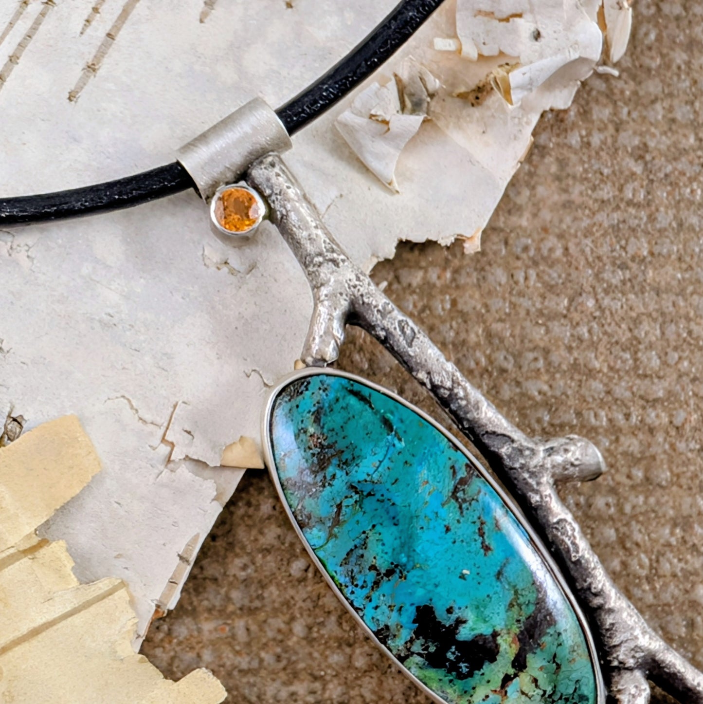 Parrot Wing Chrysocolla and Garnet Birch Branch Pendant