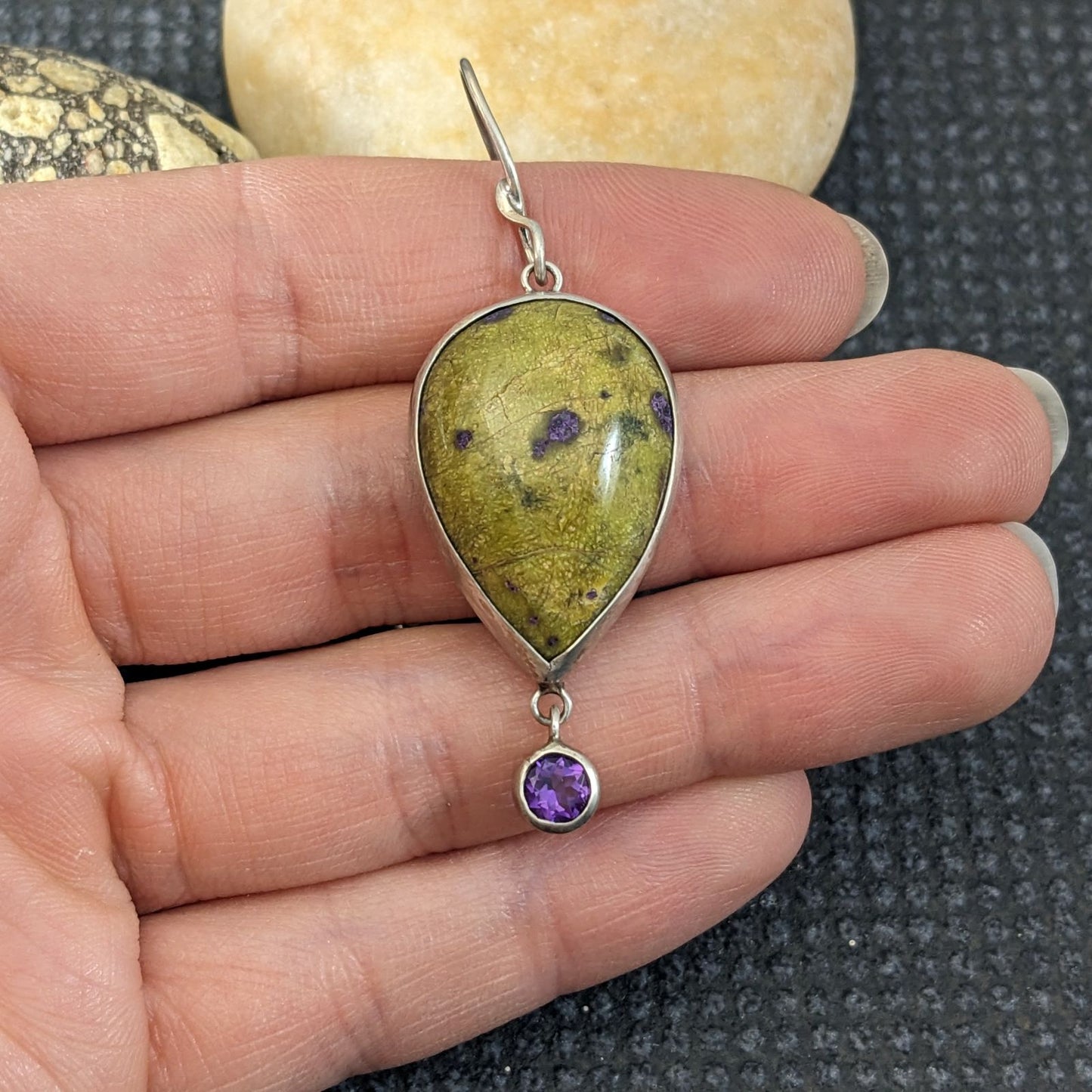 Stichtite in Serpentine and Amethyst Earrings