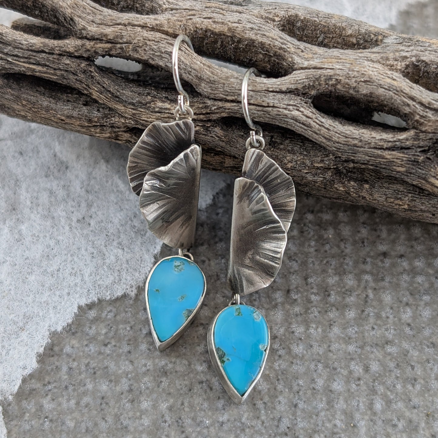 Turquoise and Fold Form Silver Earrings