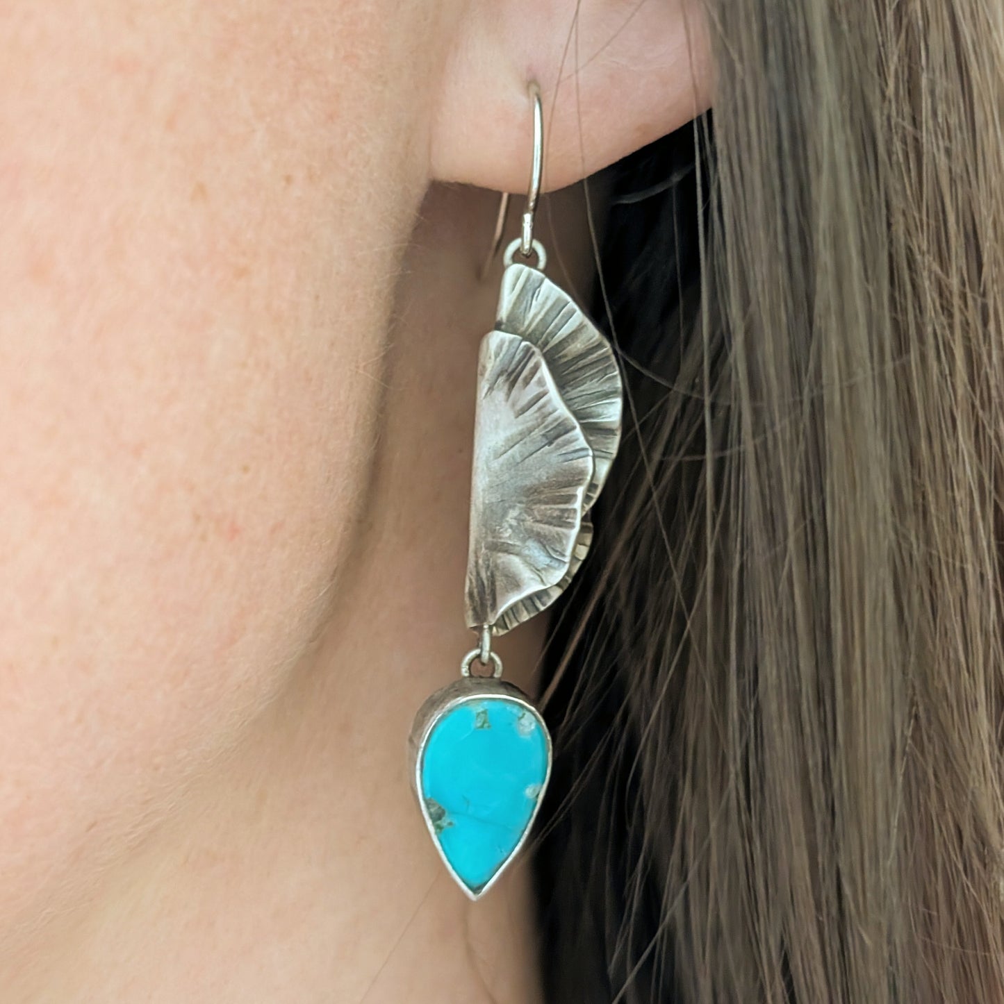 Turquoise and Fold Form Silver Earrings