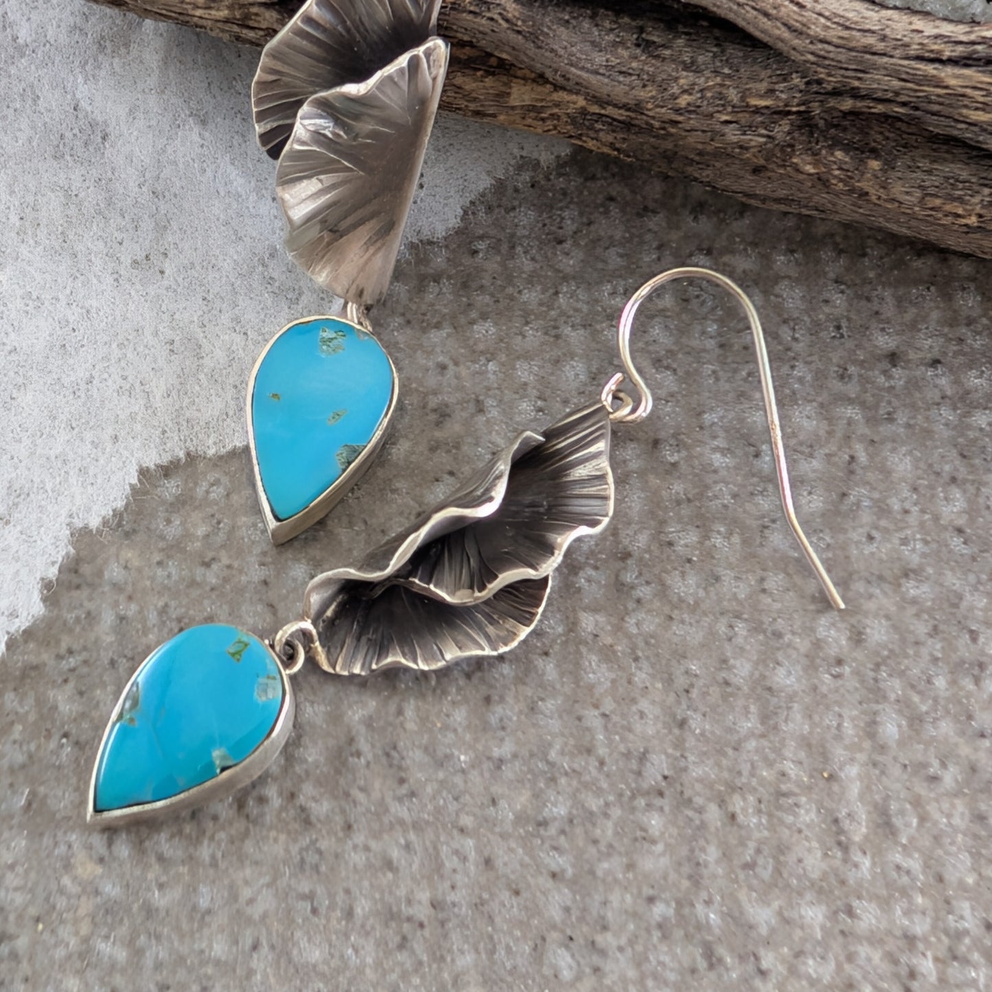 Turquoise and Fold Form Silver Earrings