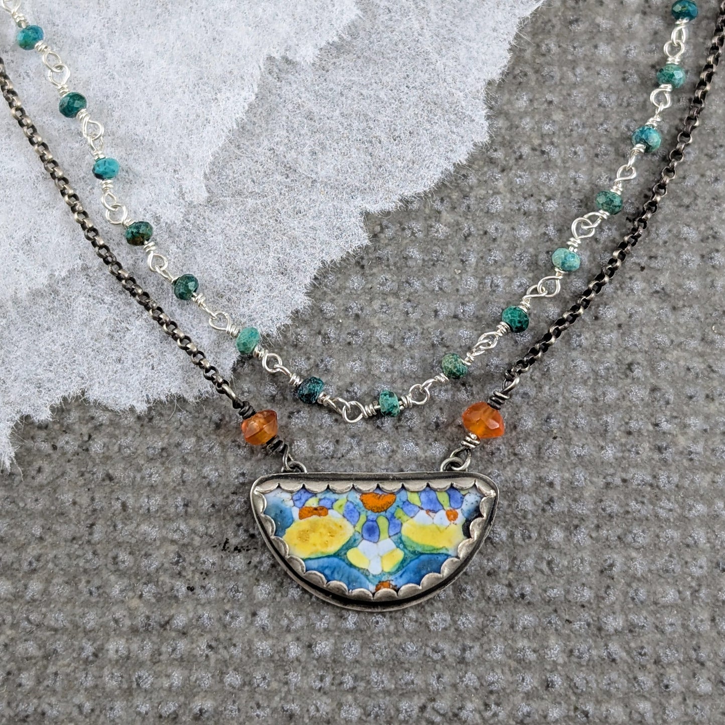 Enamel Half-Round Mandala with Carnelian Beads