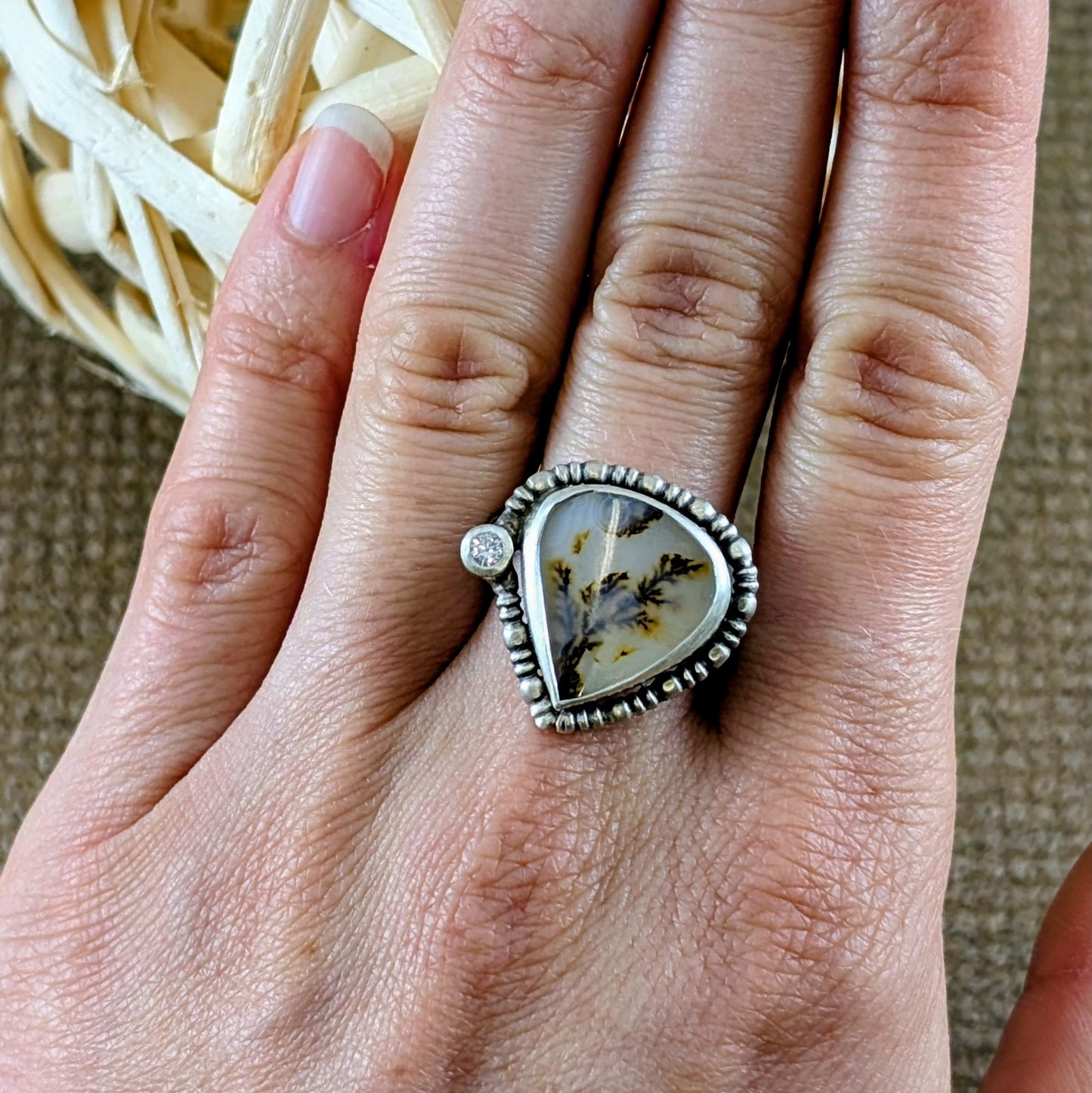 Dendritic Agate and Cubic Zirconia Ring