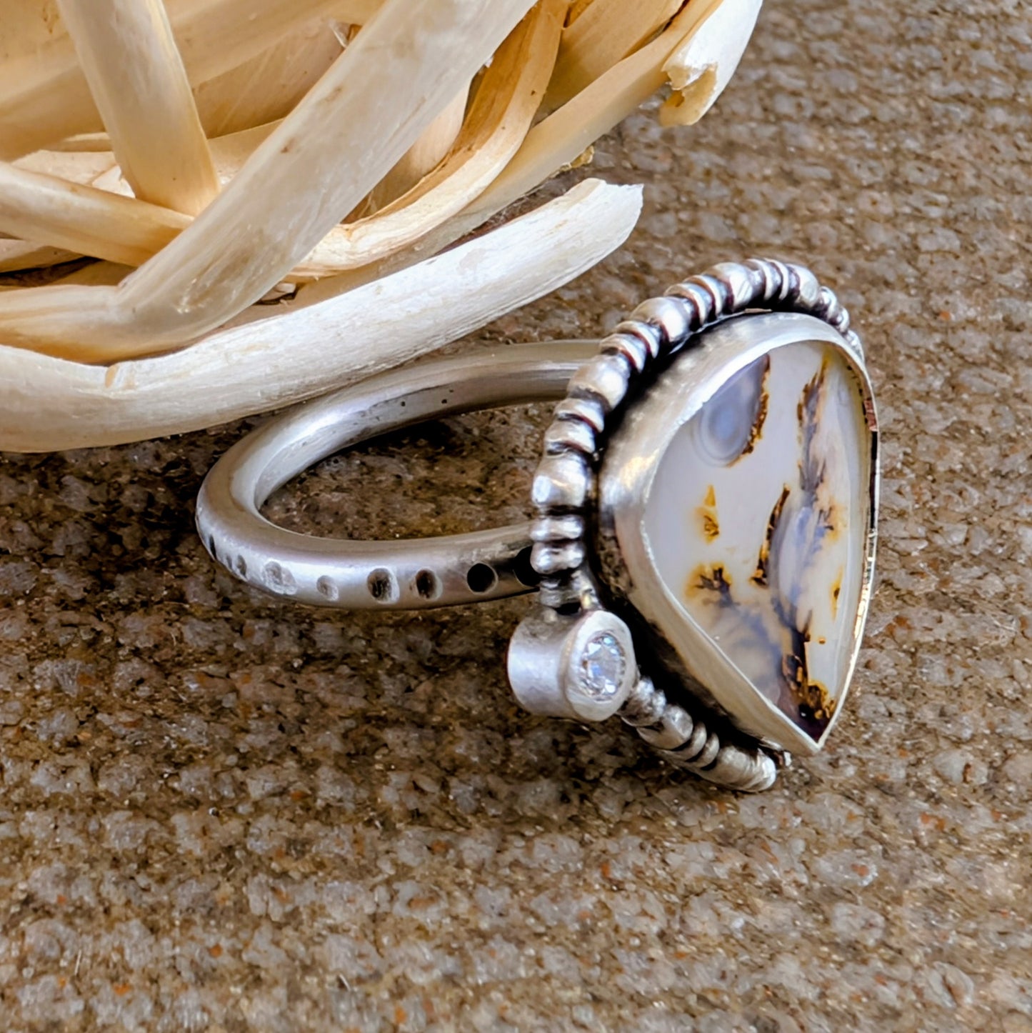 Dendritic Agate and Cubic Zirconia Ring