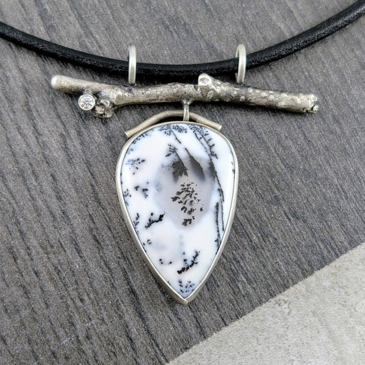 Dendritic Opal and Cubic Zirconia Birch Branch Pendant