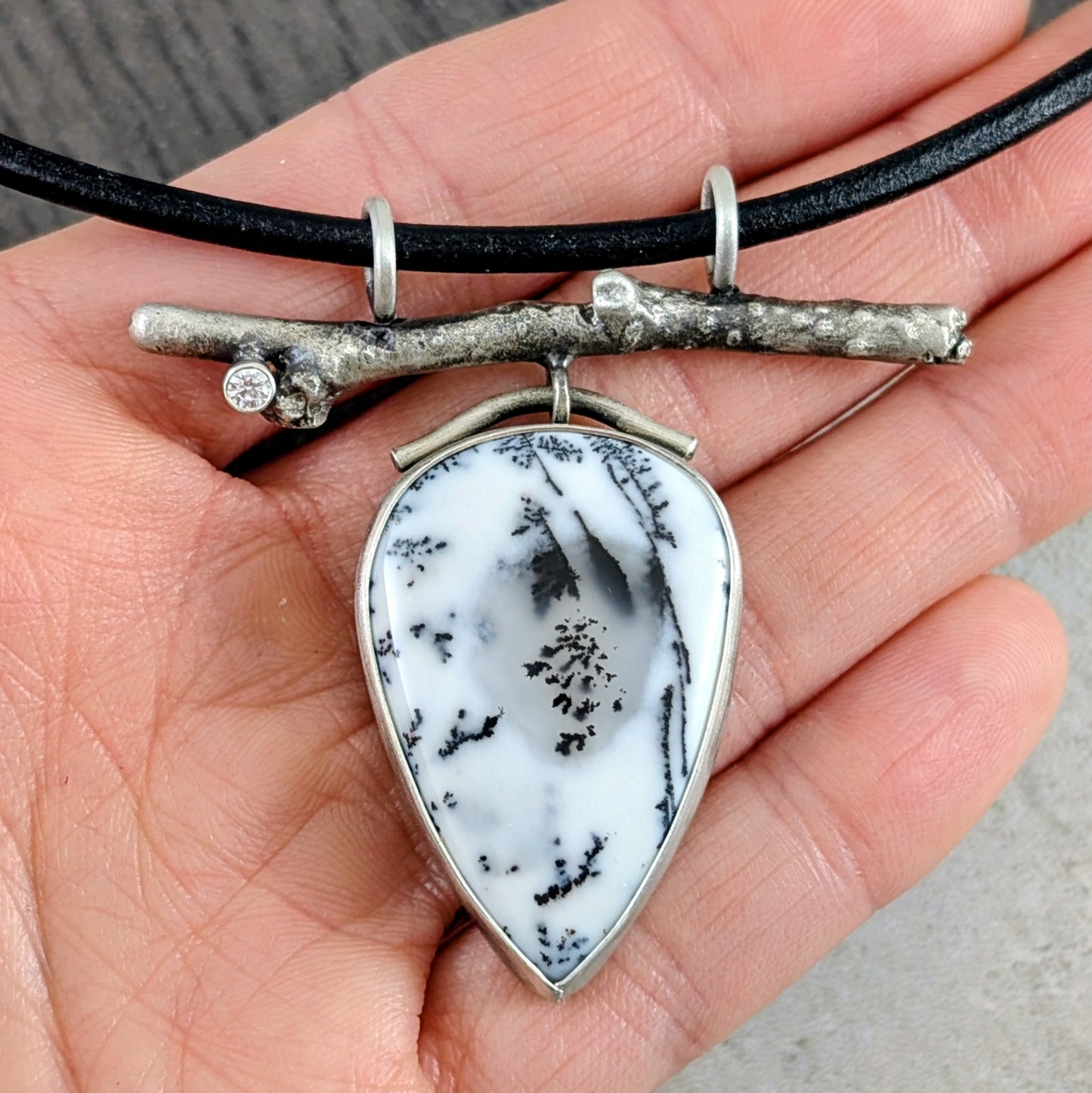 Dendritic Opal and Cubic Zirconia Birch Branch Pendant