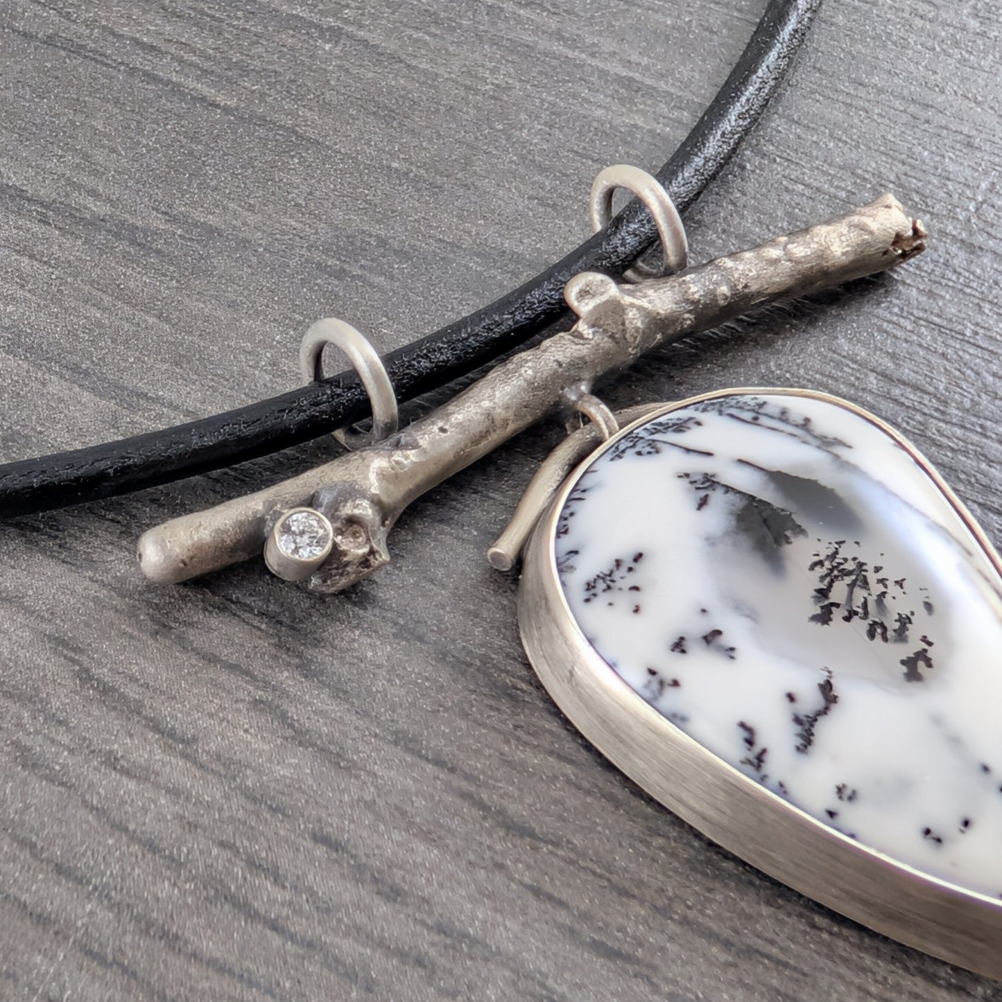 Dendritic Opal and Cubic Zirconia Birch Branch Pendant