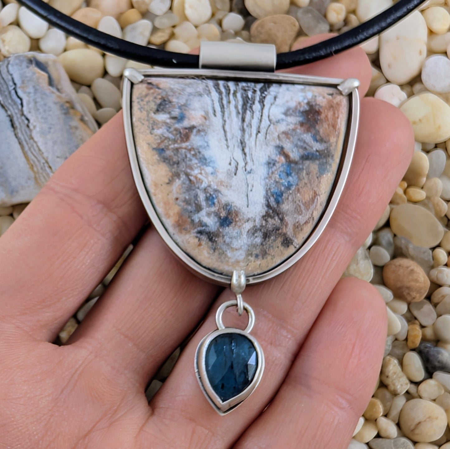 Enamel Shell and Teal Kyanite Necklace