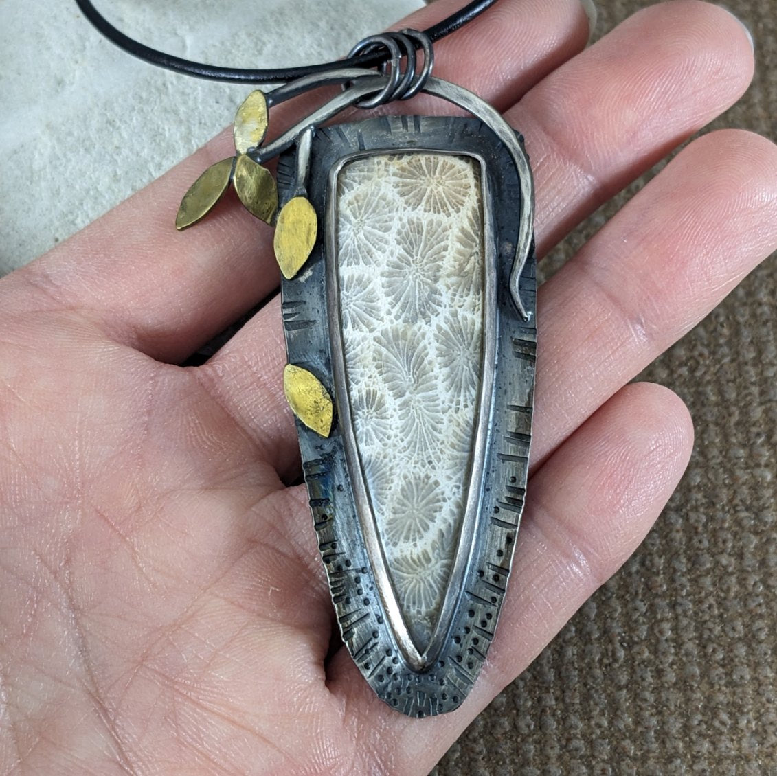 Fossilized Coral with Brass Leaves Pendant