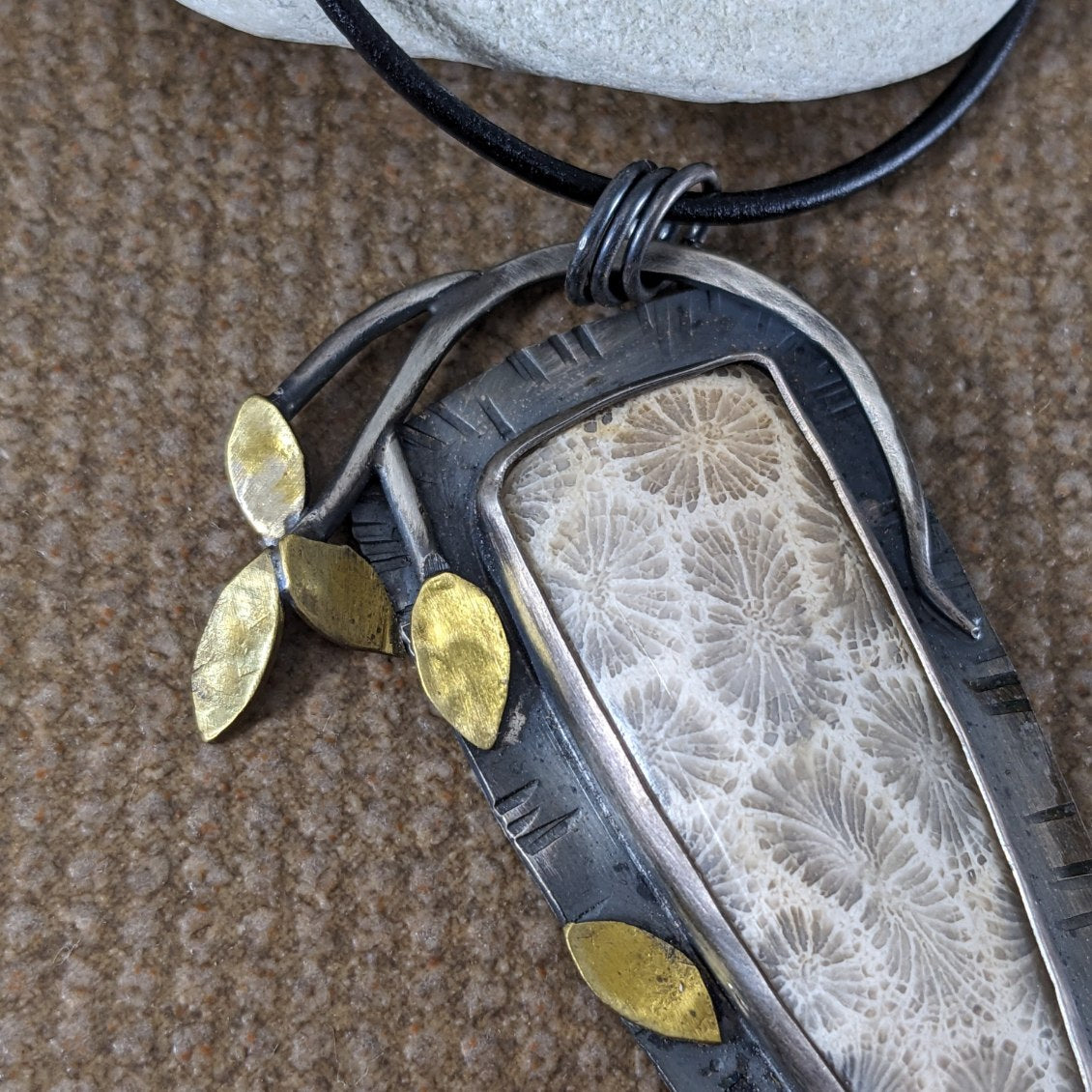 Fossilized Coral with Brass Leaves Pendant