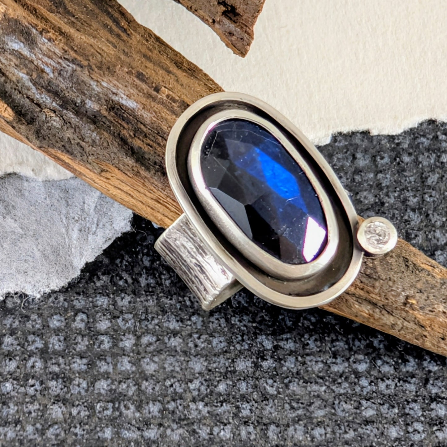 Framed Labradorite and Cubic Zirconia Ring