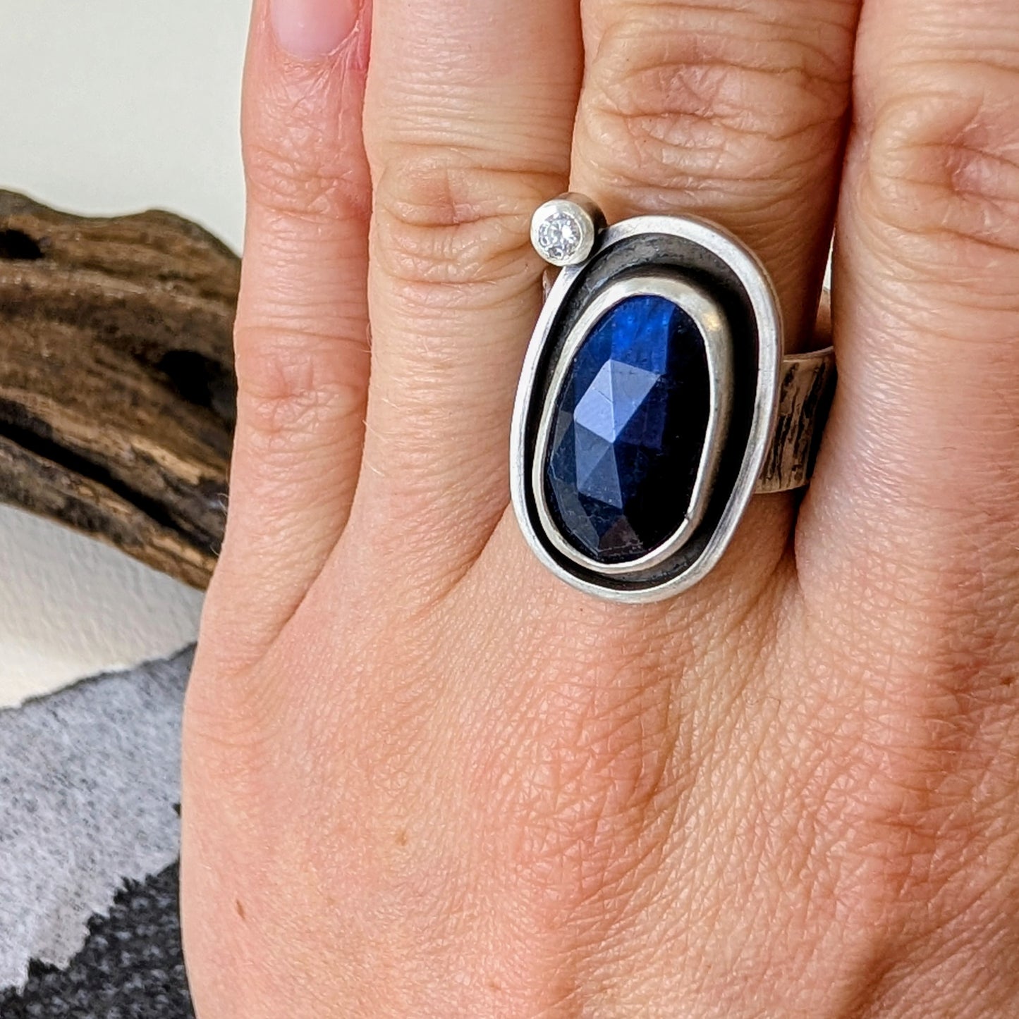 Framed Labradorite and Cubic Zirconia Ring
