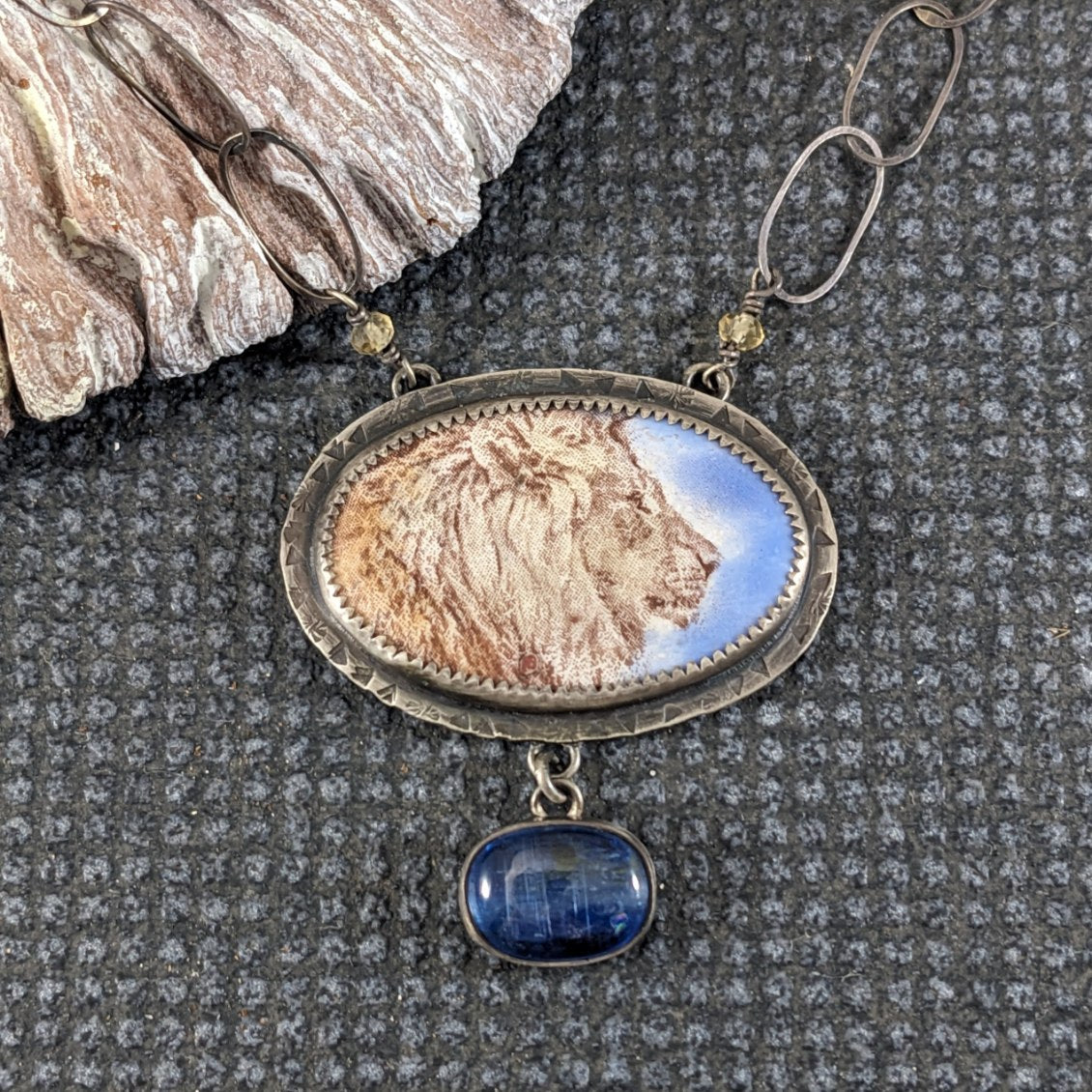 Enamel Lion and Kyanite Necklace