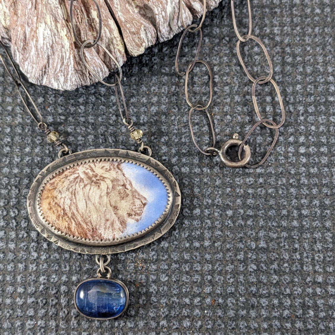 Enamel Lion and Kyanite Necklace