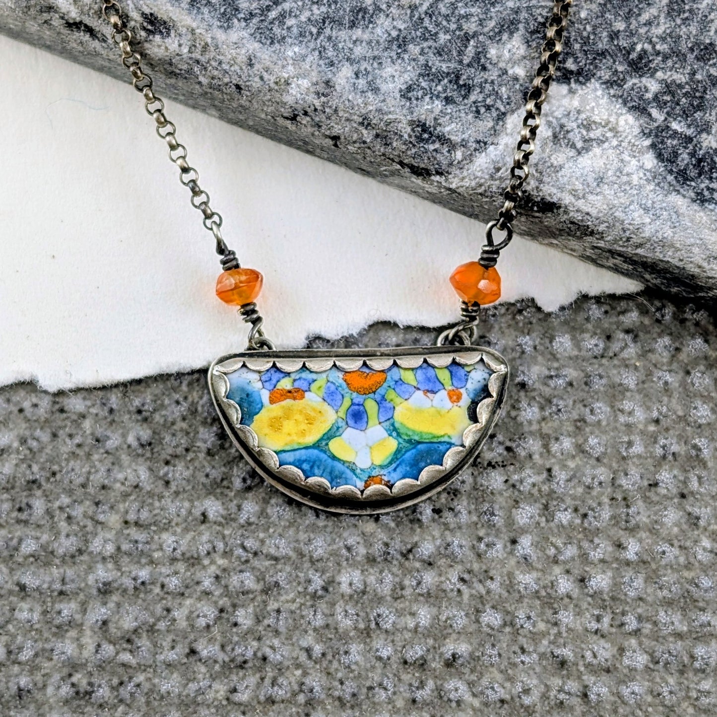 Enamel Half-Round Mandala with Carnelian Beads