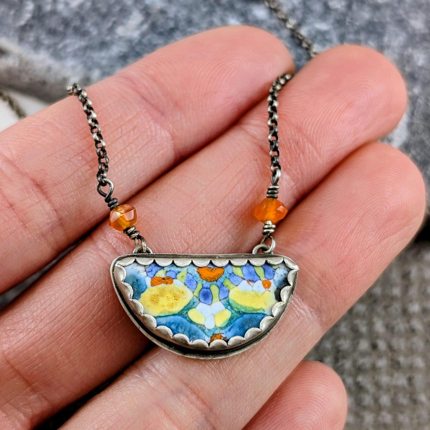 Enamel Half-Round Mandala with Carnelian Beads