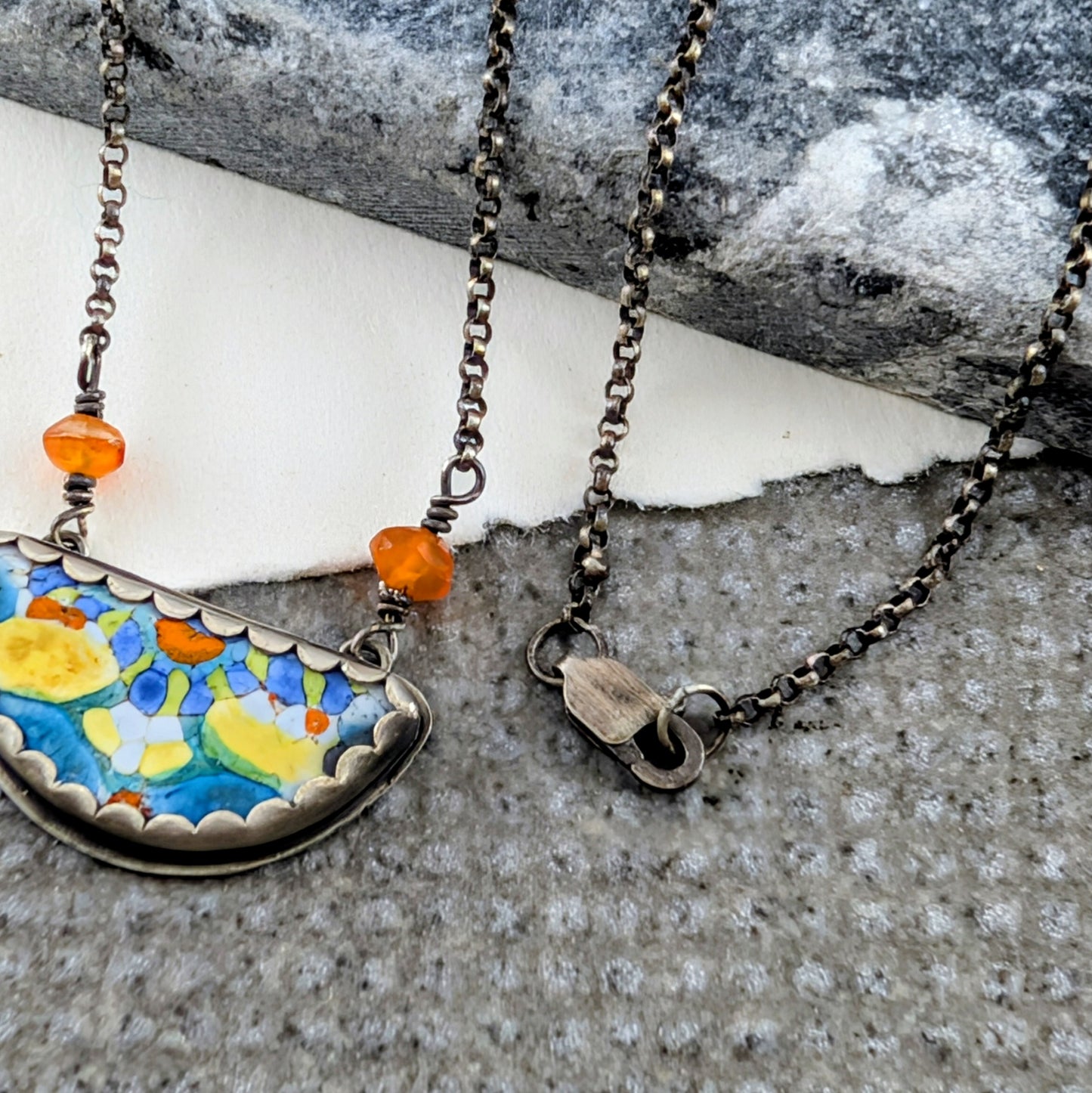 Enamel Half-Round Mandala with Carnelian Beads