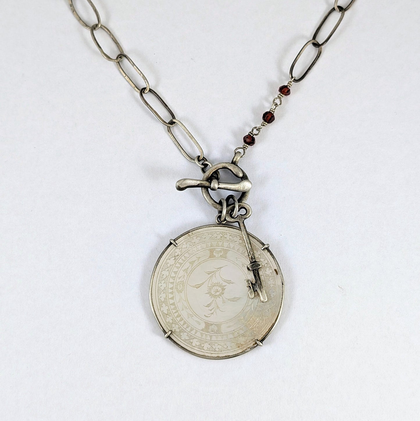 Vintage Mother of Pearl Game Counter with Garnet Beads