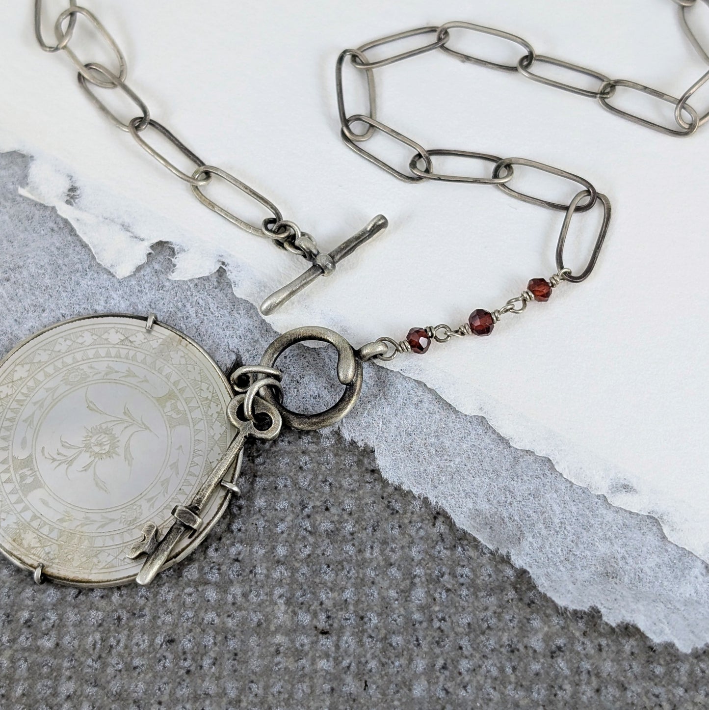 Vintage Mother of Pearl Game Counter with Garnet Beads