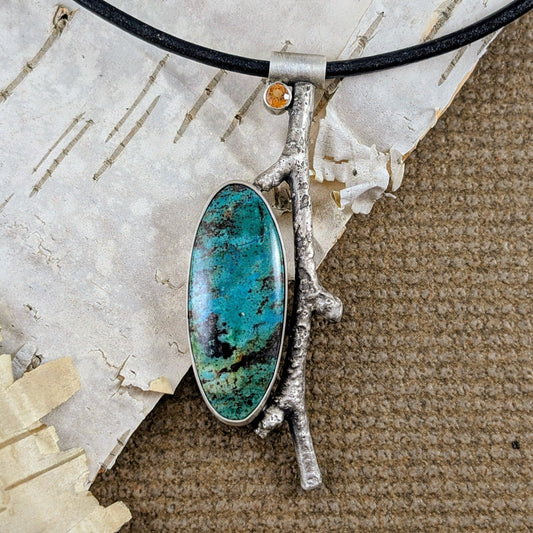 Parrot Wing Chrysocolla and Garnet Birch Branch Pendant