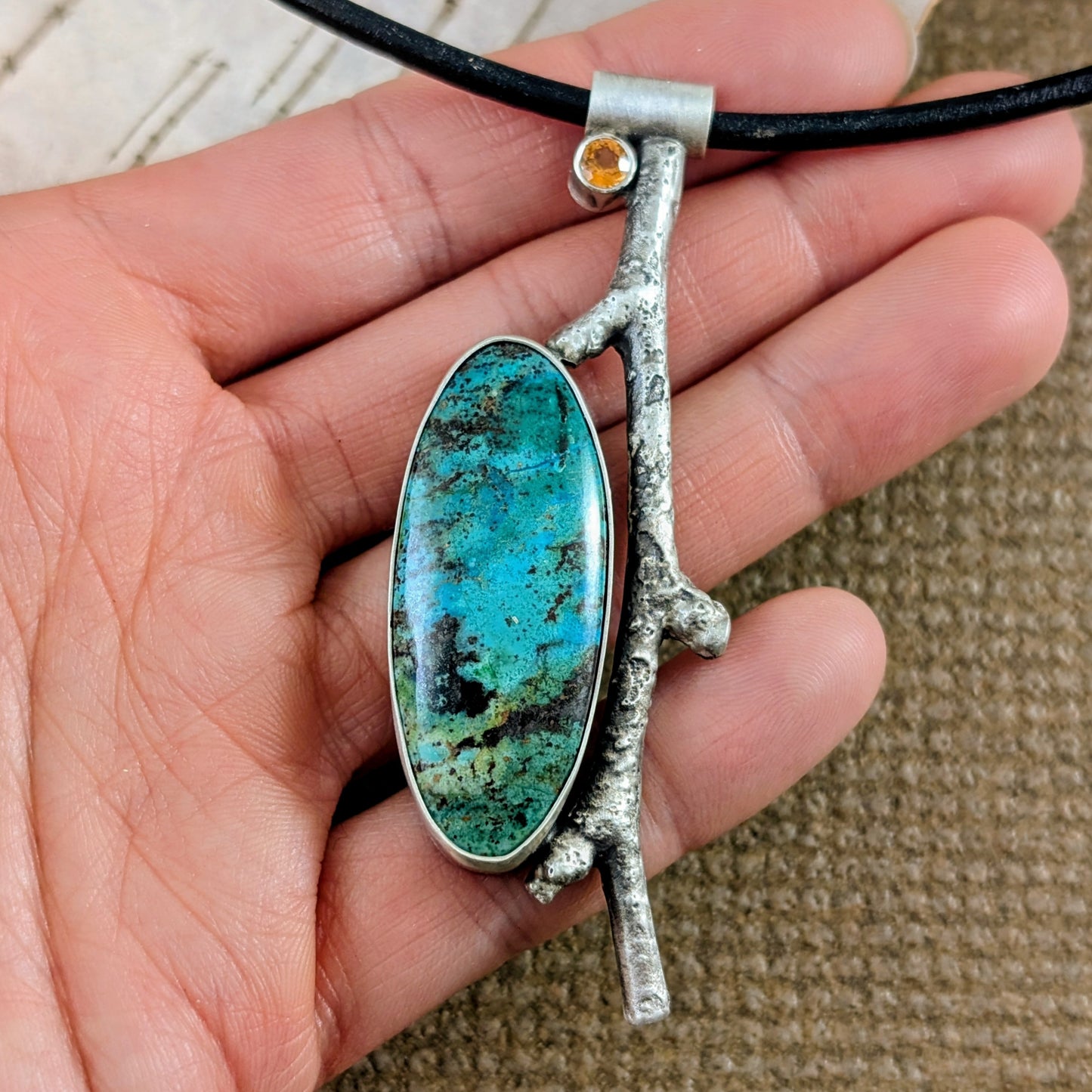 Parrot Wing Chrysocolla and Garnet Birch Branch Pendant