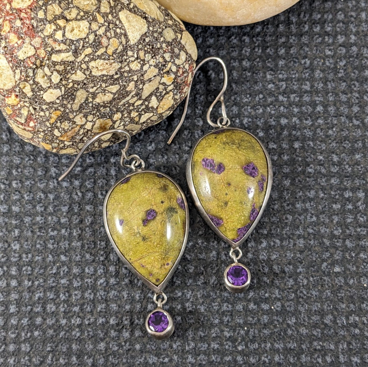 Stichtite in Serpentine and Amethyst Earrings